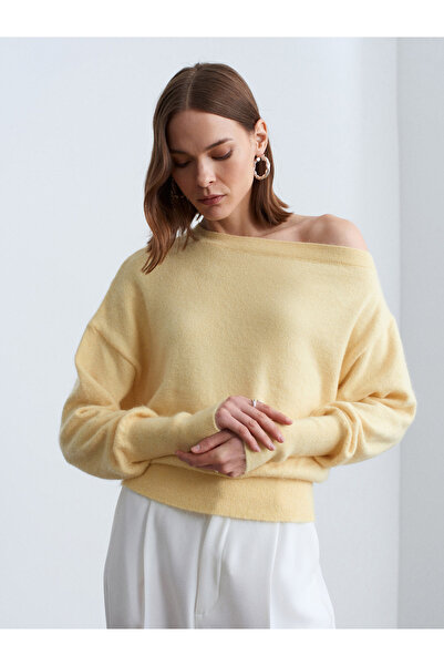 Dilvin 10857 Boat Neck Soft Sweater-Yellow