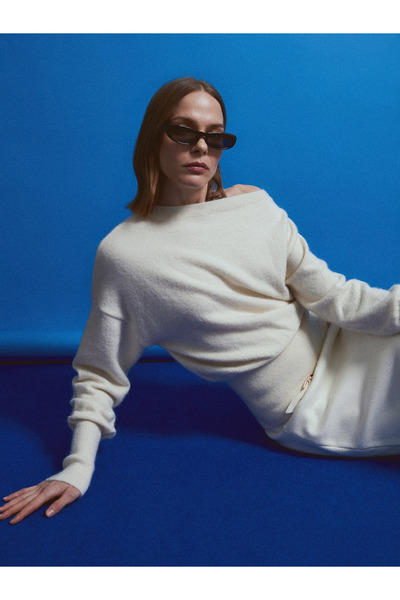 Dilvin 10857 Boat Neck Soft Sweater-Ecru