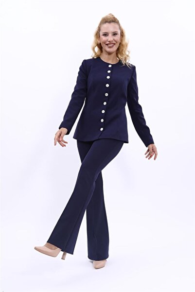 ÖNDER ÖZSOY بدلة نسائية أنيقة بأزرار وياقة دائرية وبنطلون واسع الأرجل - أزرق ...