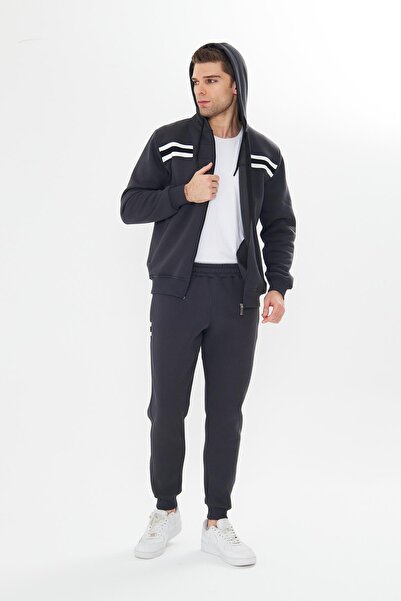 TRENDHİLL Men's Fleece Lined K Hooded Winter Tracksuit Set Anthracite 9520-A