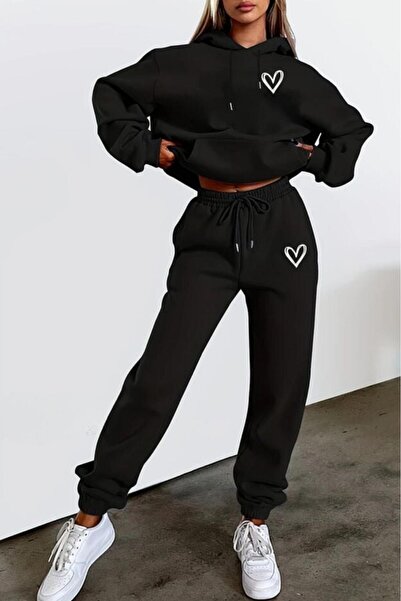 CAST COLLECTİON Women's Black Heart Printed Hooded Tracksuit Set