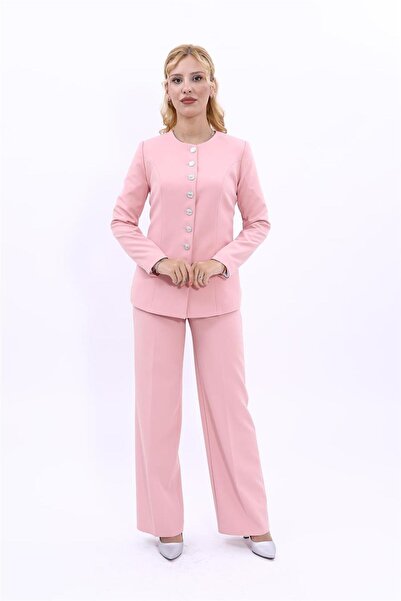 ÖNDER ÖZSOY Zero Collar Buttoned Jacket & Wide Leg Trousers-Powder
