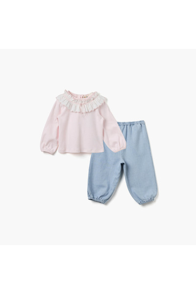 Juniors طقم بلوزة مكشكشة وبنطال جينز