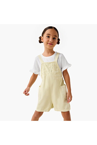 Juniors Solid T-shirt and Embroidered Dungaree Set