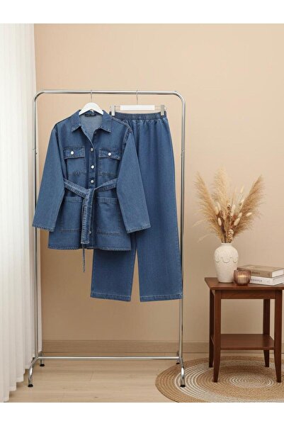 modasindoma بدلة جينز نسائية بجيب مربع مزدوج