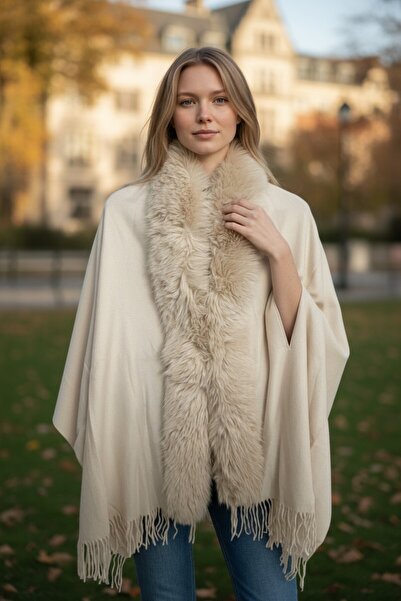 GOX Faux Fur Collar Winter Shawl-Poncho with Hidden Hook at Front