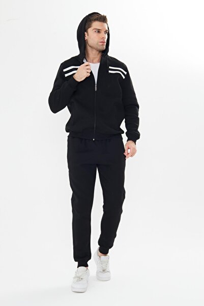 TRENDHİLL Men's Fleece Lined K Hooded Winter Tracksuit Set Black 9520-S