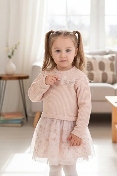 Baby Rose Patterned tulle skirt long sleeve dress
