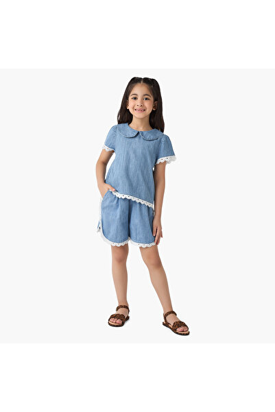 Juniors Lace Trim Denim Top and Shorts Set