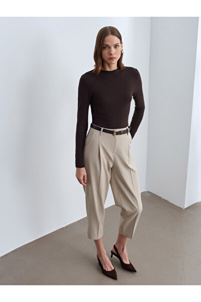 Dilvin 72245 Belted Pleated Fabric Trousers-Stone