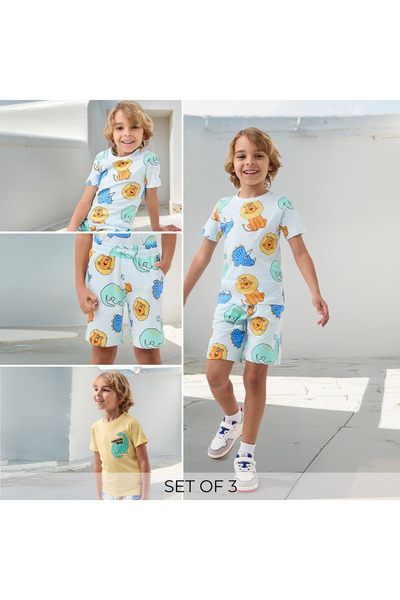 Juniors طقم تي شيرت وشورت بطبعة حيوانية من 3 قطع