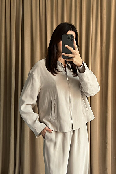 Klex سترة نسائية بسحاب وبنطلون واسع الساق برباط، طقم من قطعتين للاستخدام اليو...