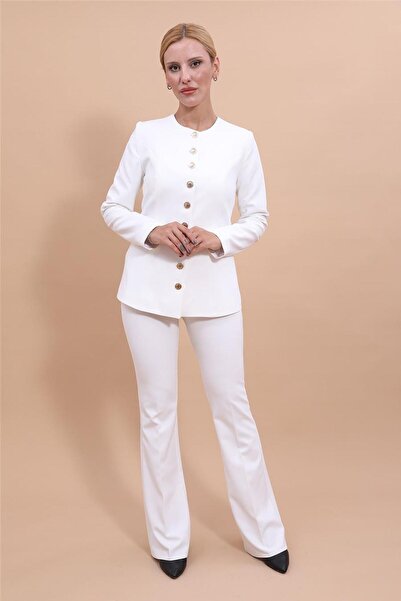 ÖNDER ÖZSOY بدلة نسائية أنيقة بأزرار وياقة دائرية وبنطلون واسع الأرجل - أبيض