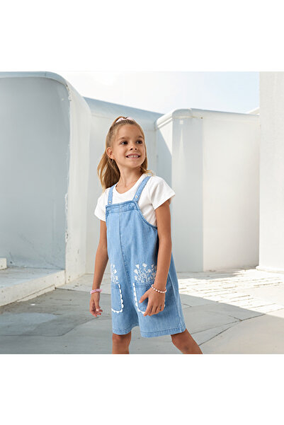 Juniors Embroidered Denim Dungaree and T-shirt Set