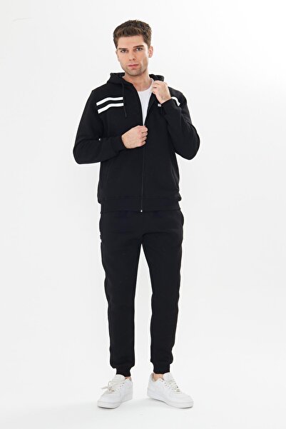 TRENDHİLL Men's Fleece Lined K Hooded Winter Tracksuit Set Black 9520-S