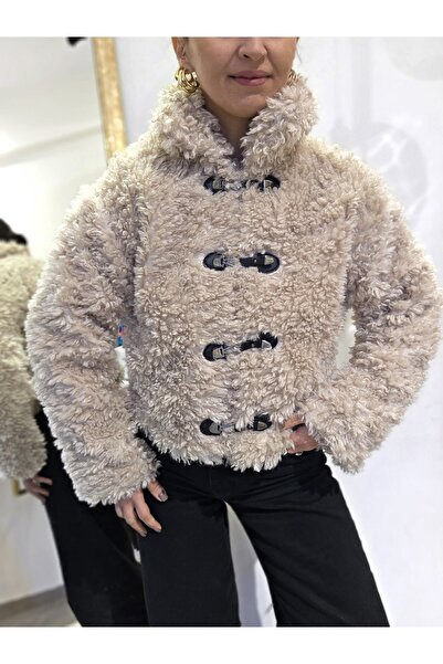 Butik Kadın, Astarlı, Kanca Düğme Detaylı, Dik Yaka, Peluş Mont, Suni Kürk, C...