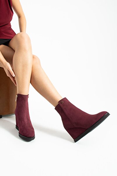 FOLLİNİ Women's Genuine Leather Wedge Heel Boots Burgundy Suede