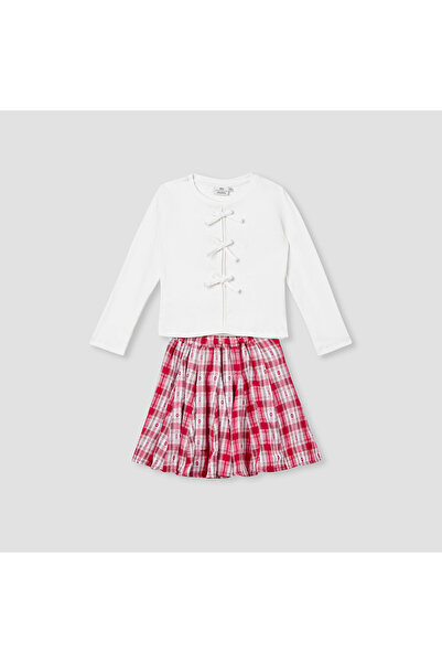 Juniors Bow Accent Top and Checked Skirt Set