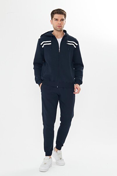 TRENDHİLL Men's Fleece Lined K Hooded Winter Tracksuit Set Navy Blue 9520-L