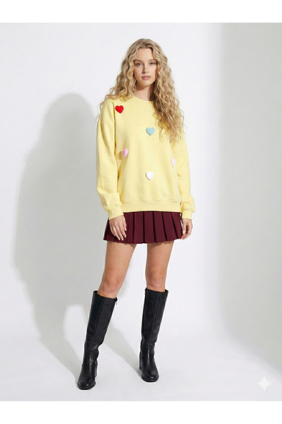 ribana Women's crew neck heart detail three-thread sweatshirt Fleece-Lined - soft textured, cotton-lined long sleeve