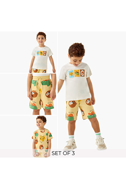 Juniors طقم تي شيرت وشورت بطبعة حيوانية من 3 قطع