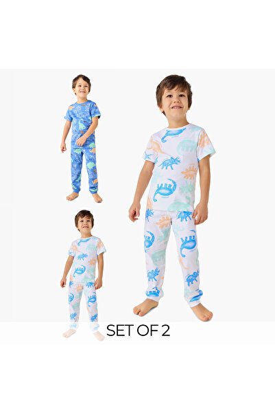 Juniors تيشيرتات وبيجامات مطبوعة بالكامل برسومات ديناصورات - طقم من قطعتين