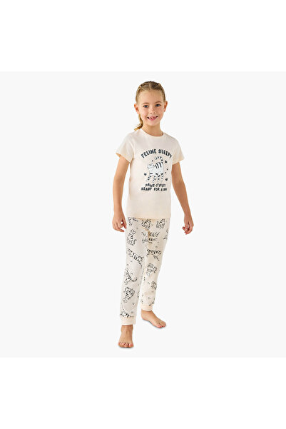 Juniors طقم تيشيرت وليغينغ بطبعة قطة