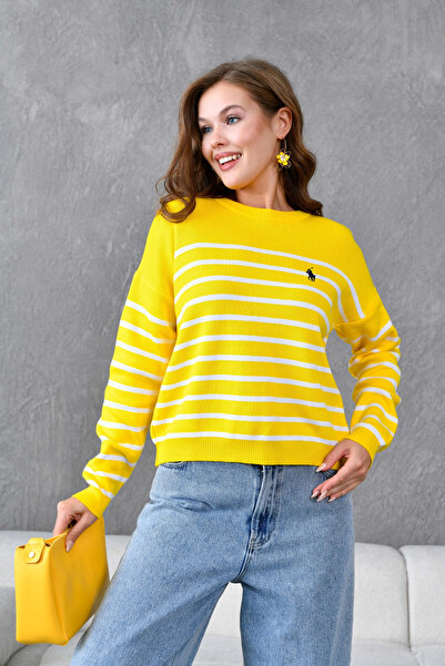 Park Karon Women's Crew Neck Embroidery Detailed Striped Knitwear Sweater 10272.Ctn