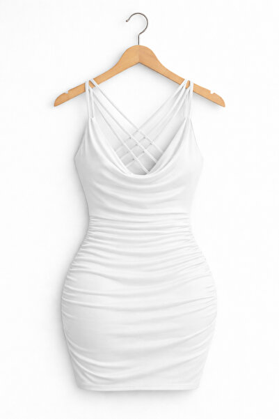SİTRİNA White Stylish Mini Dress with 3 Strings on the Back, Crossed Strings, Special Design, Gathered