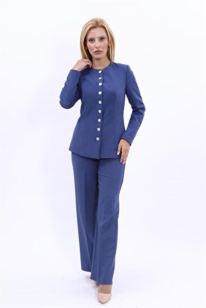 ÖNDER ÖZSOY Zero Collar Buttoned Jacket & Wide Leg Trousers-Indigo