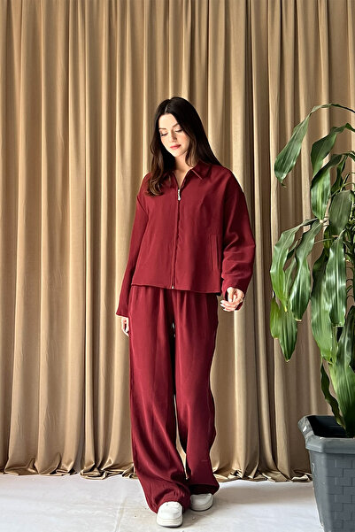 Klex سترة نسائية بسحاب وبنطلون واسع الساق برباط، طقم مكون من قطعتين، مزيج كاج...