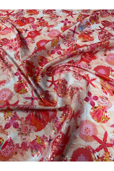 WHOTEX Pembe Çiçek Desenli Payetli Kumaş