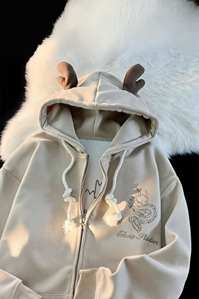 Karakedi Krem Dragon Baby Hooded Unsiex Cardigan