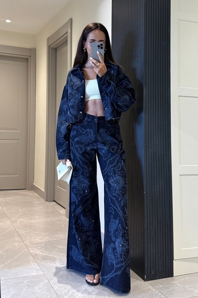 Nazliye İndigo Mavi Baskı Detay Taşlı Premium Jean