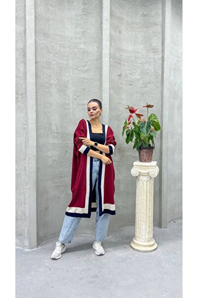 Cannes Women's Contrast Stripe Long Red Knitwear Cardigan