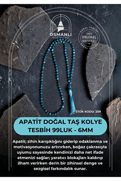 OSMANLI DOĞAL TAŞ Certified Apatite Natural Stone Necklace Prayer Beads 99 Pi...