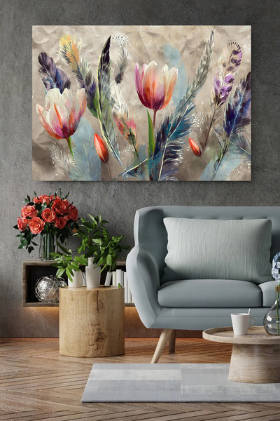 EMİLART Bohem Stil Pastel Çiçekler Dekoratif Kanvas Tablo Ev Ofis Salon Odası