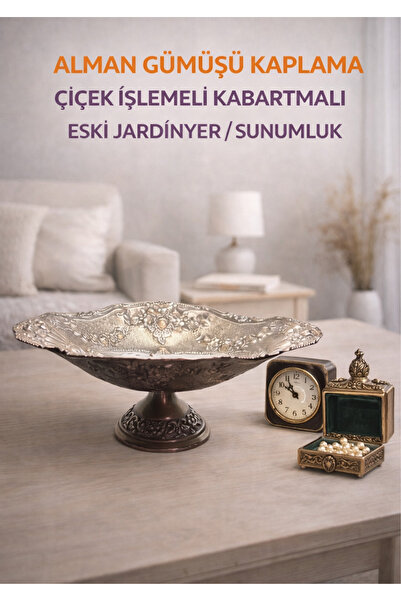 onyyapim ALMAN GÜMÜŞÜ KAPLAMA ÇİÇEK İŞLEMELİ KABARTMALI ESKİ JARDİNYER / SUNU...