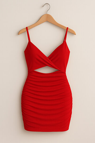 MEVABU Red Cut Out Detailed Mini Shirred Dress