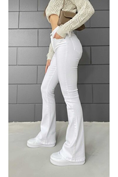 NWC Yüksek Bel Beyaz Flare Jeans Kot Pantolon İspanyol Paça Likralı