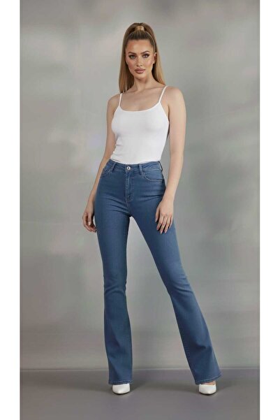 NWC Albastru mediu evazat L material elastic F blugi evazați Pantaloni denim ...