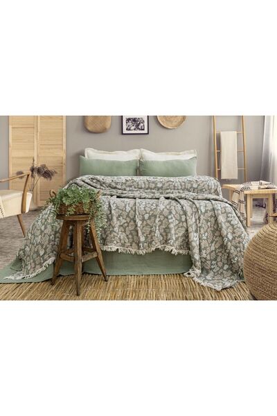 Meet ma ya Natural Leopard Green 4-Layer 100% Cotton Muslin Woven Bedspread, Armchair Cover