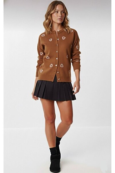 Tubik Women's Button Closure Heart Embroidery Detailed Knitwear Cardigan
