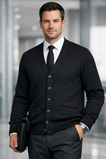 Desen Triko V-Neck, Buttoned Closure, 2 Pockets, Wool Blend, Steel Knit Men's Cardigan