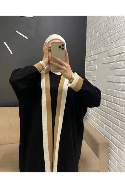 Cannes Women's Contrast Stripe Long Black Knitwear Cardigan