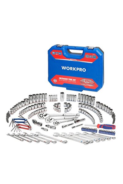 Workpro طقم مفاتيح ربط ومفاتيح مشتركة ثقيلة التحمل من الكروم فاناديوم 164 قطعة، مقاسات 1/4 و3/8 و1/2 بوصة، نظام القياس المتري/الإنجليزي، موديل WP202530