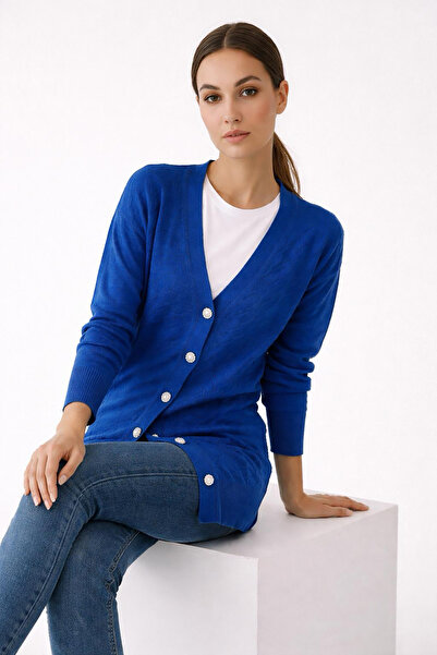 Giyim Dünyası Women's Mercerized Houndstooth Cardigan Cobalt Blue