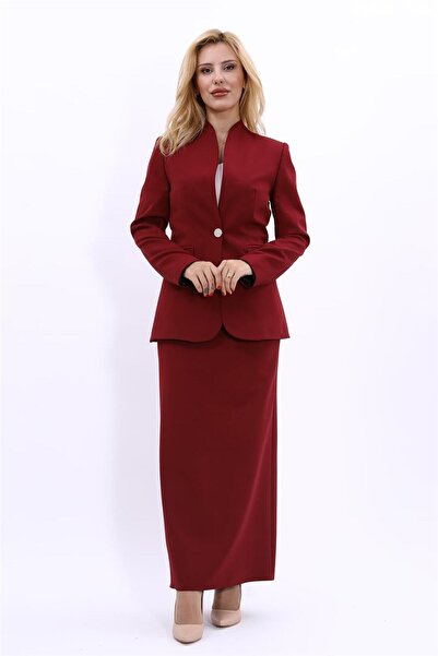 ÖNDER ÖZSOY ياقة مرتفعة متوسطة الطول بدلة نسائية كلاسيكية بزر واحد وتنورة قلم...