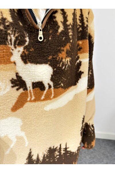 Mars Yarım Fermuarlı Geyik Desenli Oversize Peluş Polar Sweatshirt