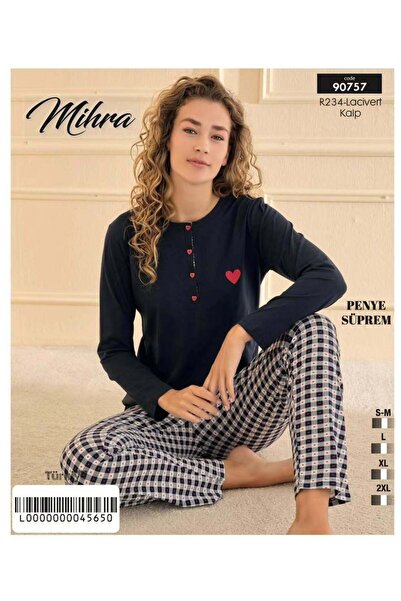 Mihra Lacivert Renkli Pamuklu Sıfır Yaka Uzun Kollu Kadın Pijama Takımı